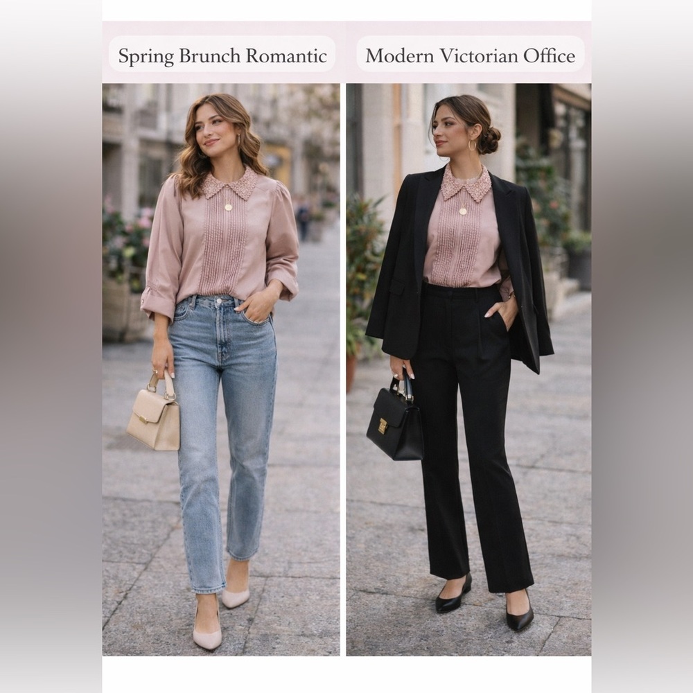 Victorian Inspired Lace Collar Blouse Dusty Rose Pintuck Romantic/vintage style